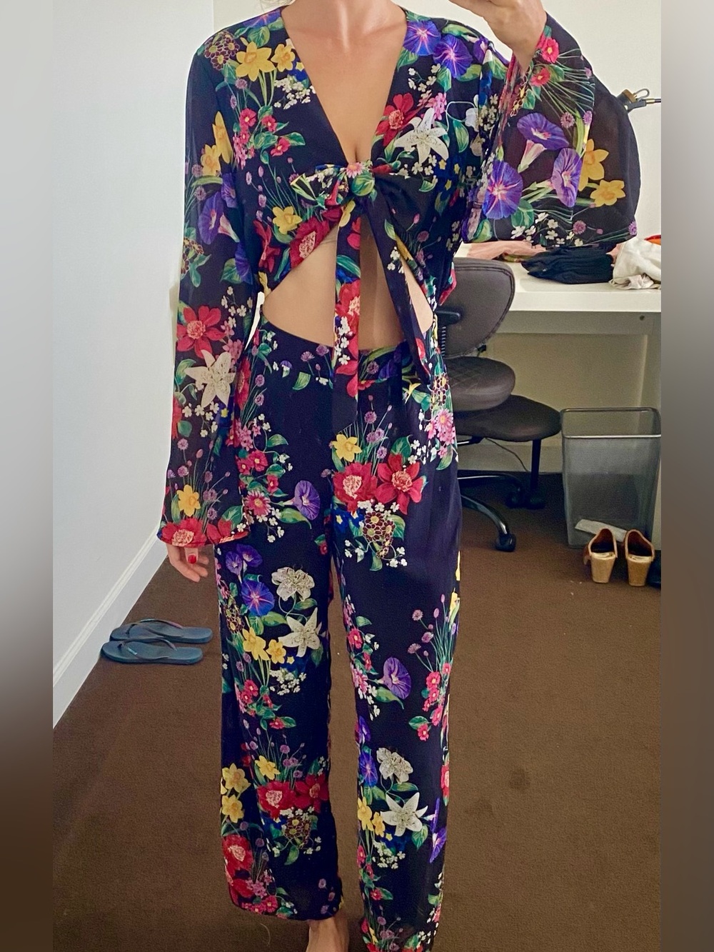 Olivaceous Black Floral Tie-Front Long Sleeve Maxi Dress